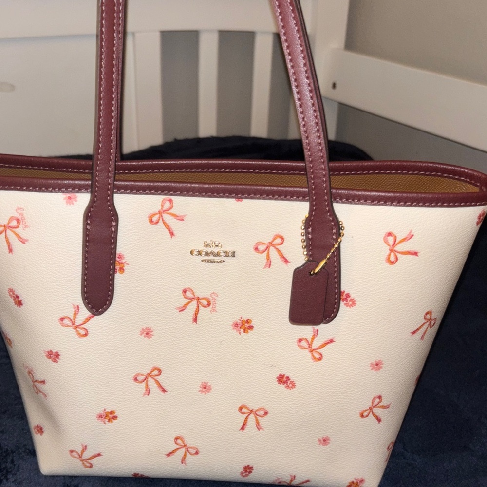 Coach White Tote with Pink Bow Accents